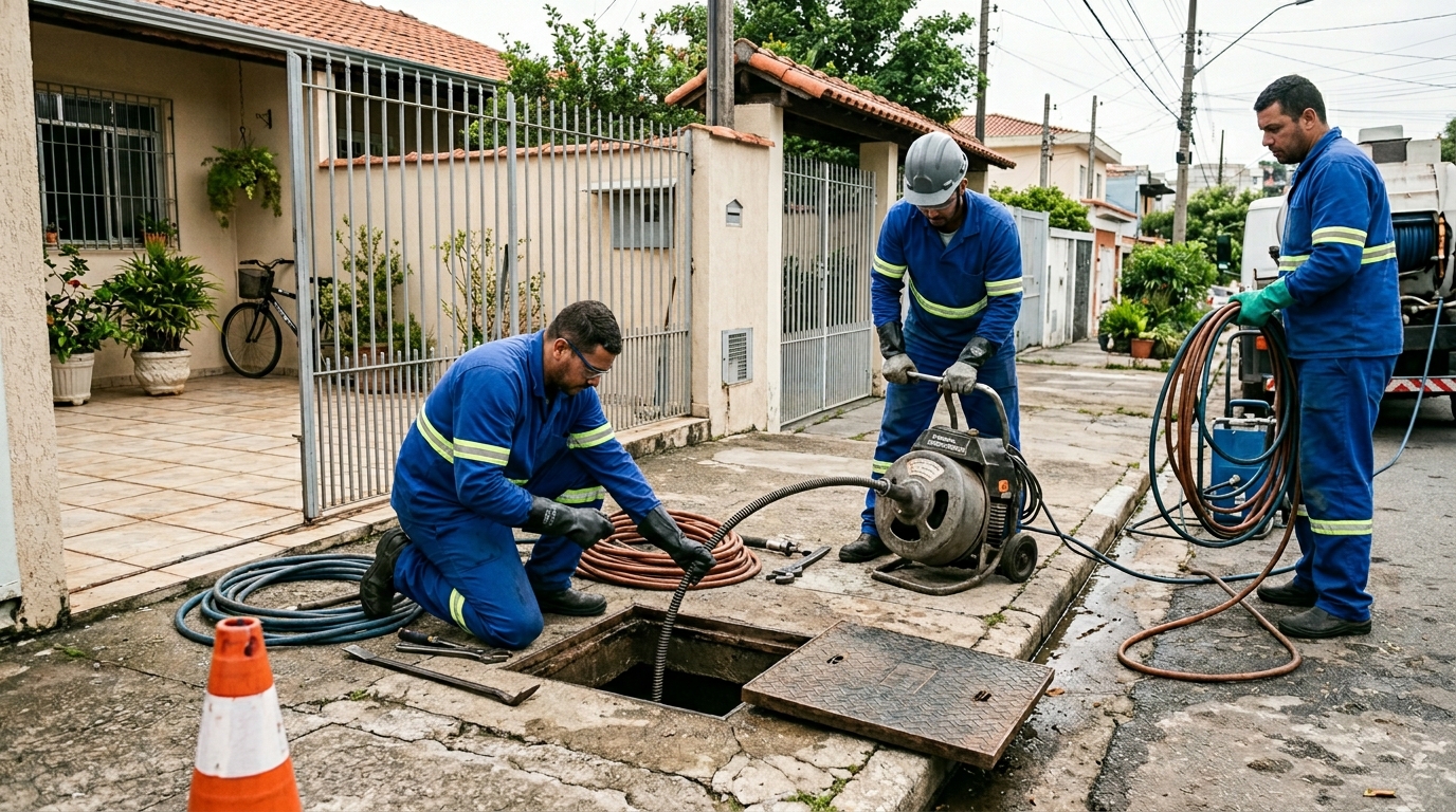 Equipe de desentupimento de esgoto em Campo Grande-MS